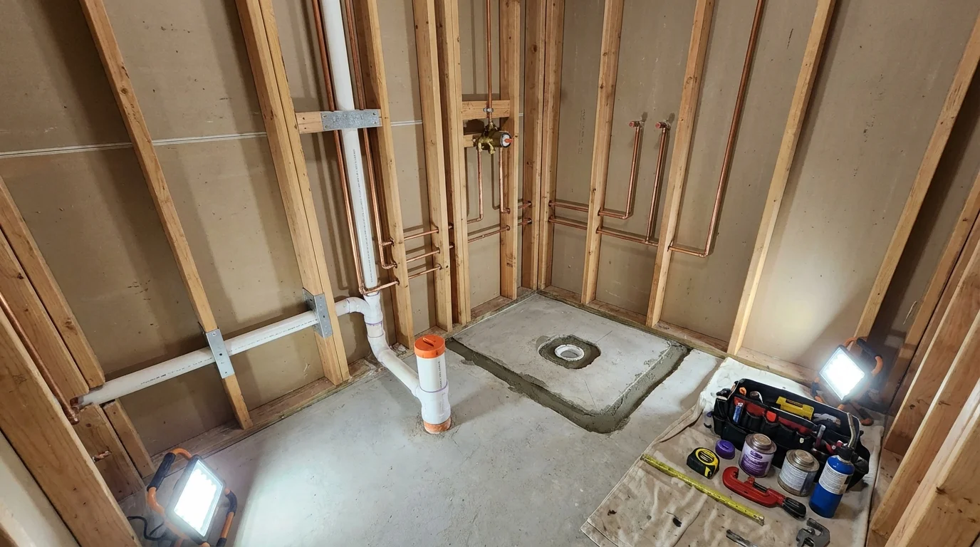 Bathroom rough-in plumbing during remodel by Johns Plumbing LLC in Three Rivers