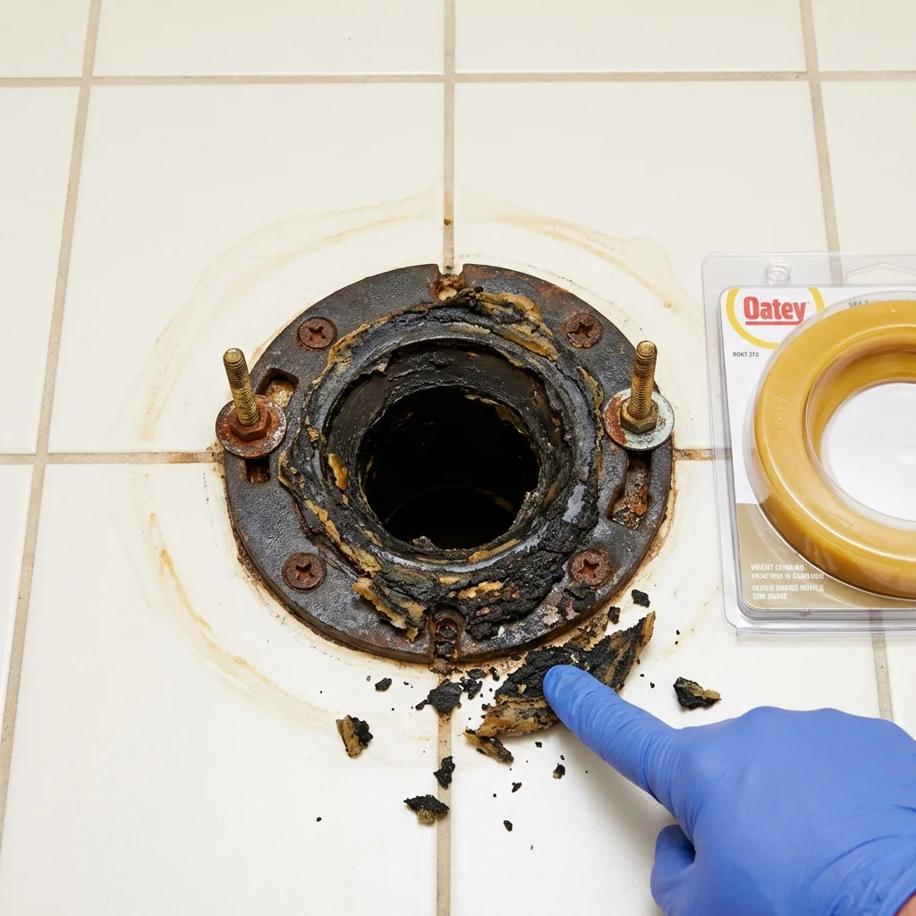 Failed wax ring showing water seepage at the base of a toilet in a Three Rivers, TX home