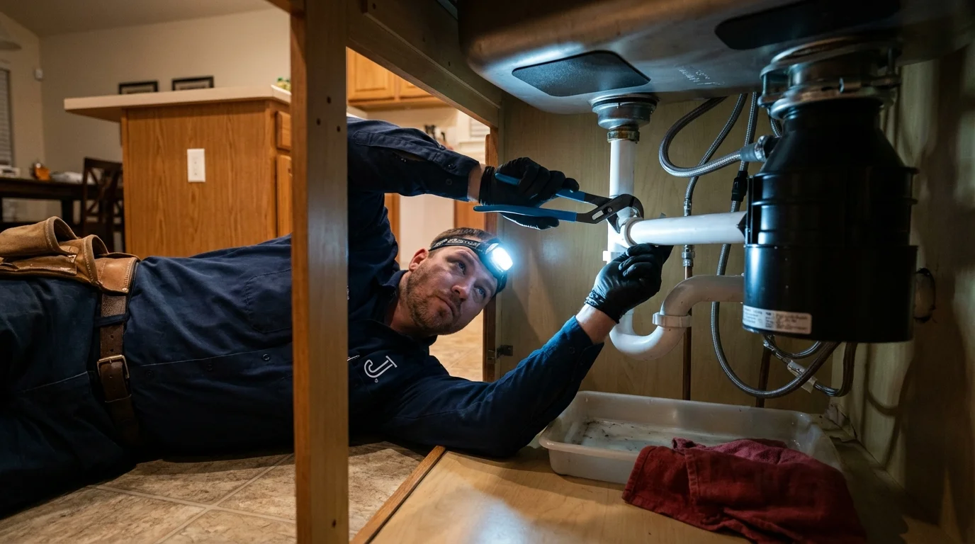P-trap and supply line connections under a kitchen sink showing a common leak point in Three Rivers, TX
